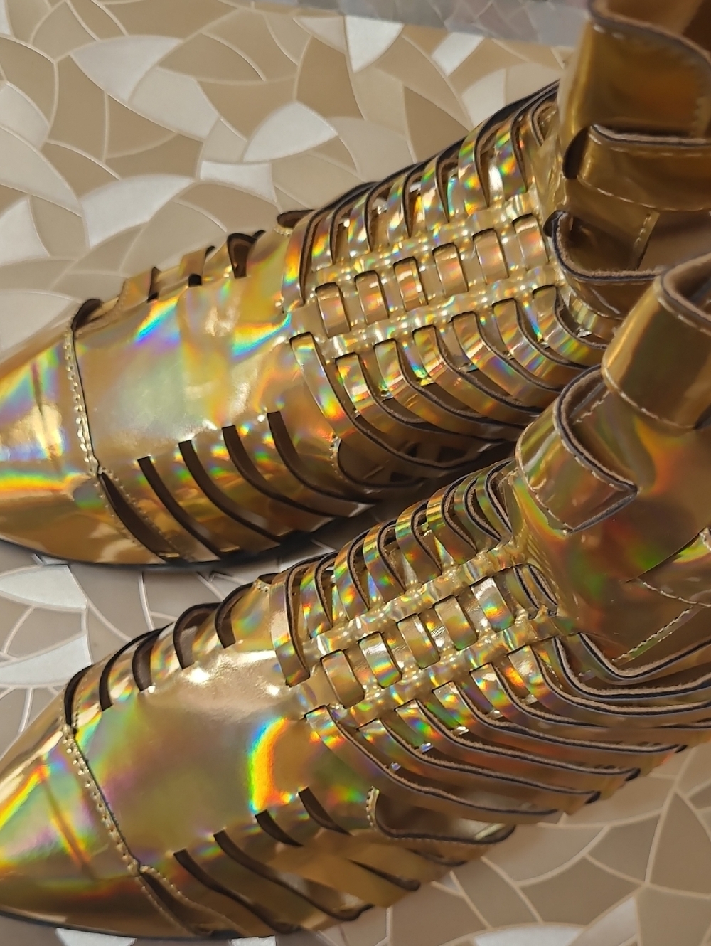 Women's Gold Holographic Strappy Ankle Boots- New, Never Worn!